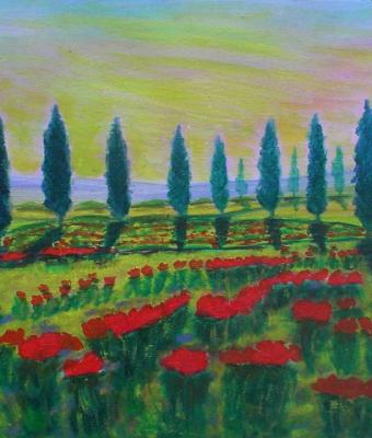 tramonto-con-cipressi-e-papave