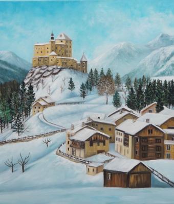 il-villaggio-e-il-castello-di-tarasp-in-svizzera-olio-su-tela-cm-50x70