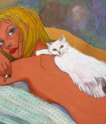 nudo-sdraiato-con-gatto